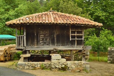 Asturian Horreos On The Camin Encantau Route In The Council Of Llanes. Nature, Travel, Landscapes, Forests, Fantasy. July 31, 2018. Valle De Ardinasa, Venta Village, Asturias, Spain.のeditorial素材