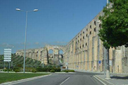 Roman Aqueduct of Amoreira Reconstructed Between the 16th and 17th centuries In Elvas. Nature, Architecture, History, Street Photography. April 11, 2014. Elvas, Portoalegre, Portugal.のeditorial素材