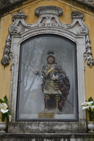 Sculpture Of The Glorious Matir Saint George Protector And Defender Of Portugal In The Parish Of Santa Cruz De Castelo In Lisbon. Nature, Architecture, History, Street Photography. April 11, 2014. Lisbon, Portugal.のeditorial素材