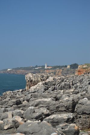 Views Of The Guide Lighthouse From The Mouth Of Hell In Cascais. Photograph of Street, Nature, architecture, history. April 15, 2014. Cascais, Lisbon, Portugal.のeditorial素材