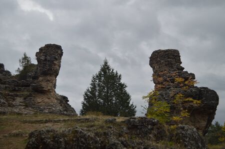 Natural Site Of Rocky Karstic Calcareous Formations And Limestones, In The Enchanted City Of Tamajon. October 18, 2013. Tamajon, Pueblos Negros, Guadalajara, Castilla La Mancha, Spain. Rural Tourism, History.のeditorial素材