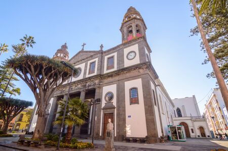 Cathedral of San Cristobal De La Laguna Neogotico in its Main and Neoclassical Corps in the Remedios Square. April 13, 2019. La Laguna, Santa Cruz De Tenerife Spain Africa. Travel Tourism Street Photography.のeditorial素材