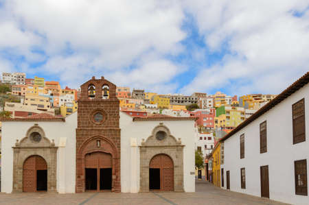 Main facade of the main church of the Assumption dated in the XV century in San Sebastian de la Gomera. April 15, 2019. La Gomera, Santa Cruz de Tenerife Spain Africa. Travel Tourism Photography Nature.のeditorial素材