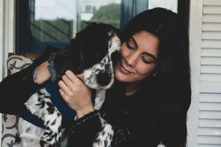 Portrait of a woman and her dogの写真素材