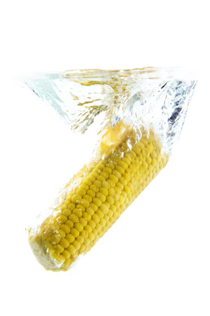 corn on white background falling and splashing water, giving a unique feeling of freshness and vitalityの写真素材