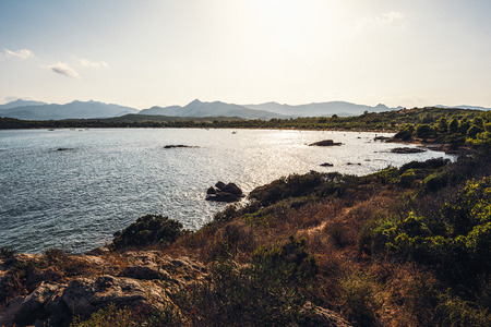 panoramic view of a creek, Cala Brandinchi, Sardinia, Italyの写真素材