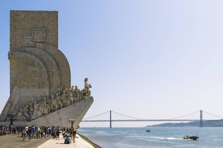 Lisbon, Portugal â€“ august, 2019. Tourists at the monument to the Discoveries in Lisbon, is on...