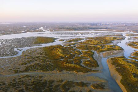 aerial view of marine wetlands at low tide, marine lagoon drying up due to global warming, concept...