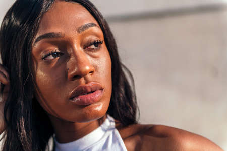 portrait of a young black woman, concept of youth and racial diversity, copy space for textの写真素材