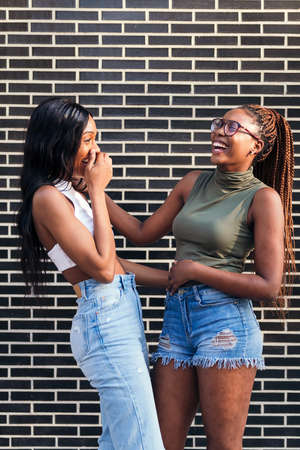 couple of young black girls laughing happy in front of a brick wall, concept of youth and...