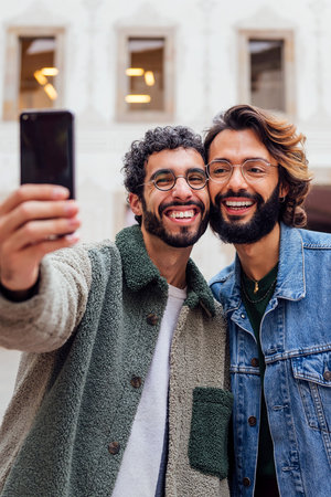 happy couple of gay men taking a selfie photoの写真素材