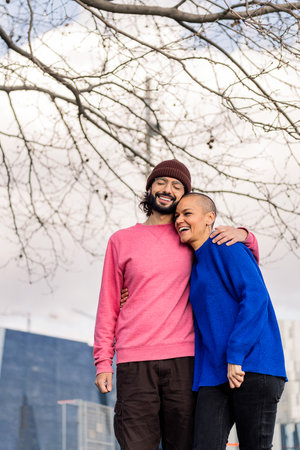young couple laughing happy during a romantic walkの写真素材