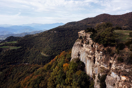 aerial view of a cliff in a mountain forest