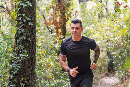 man practicing trail running in the forest