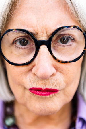 close-up portrait of senior woman pressing lipsの写真素材