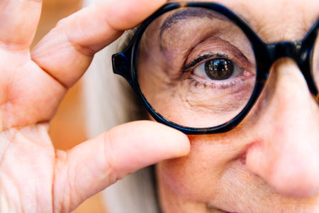 close up of eye of a senior woman putting glassesの写真素材