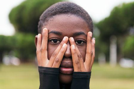 african american female covering face with handsの写真素材