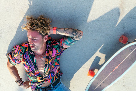 funky young male skateboarder in colorful shirtの写真素材