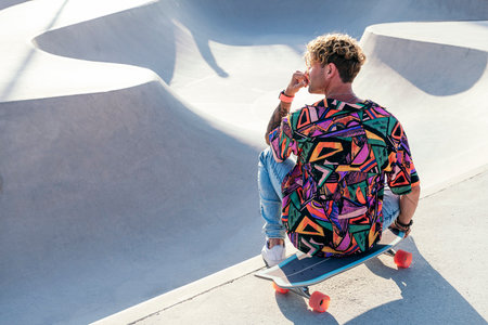 guy with colorful shirt sitting on skateboardの写真素材