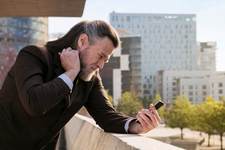 concerned mature man in suit using mobile phone