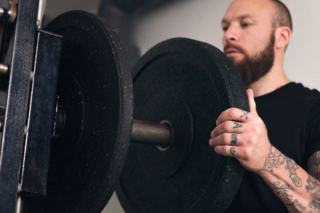 sportsman putting weight plate on gym machineの写真素材