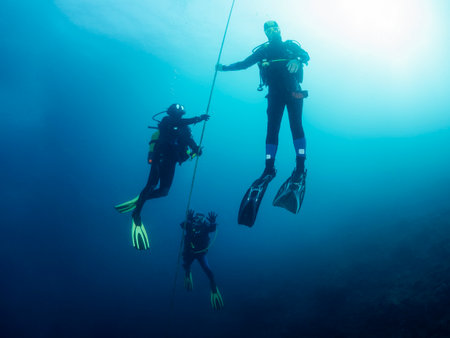scuba divers in wetsuit making the safety stopの写真素材
