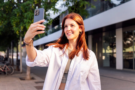 smiling young woman taking selfie with cell phone