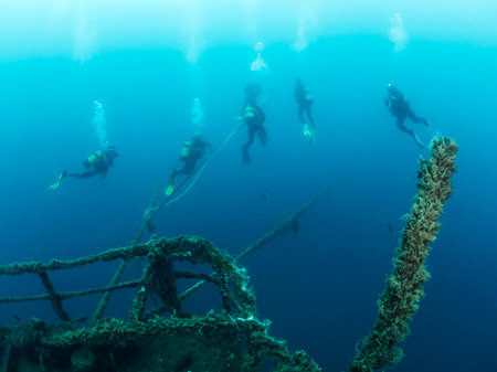 divers diving next to wreck of a of a sunken shipの写真素材