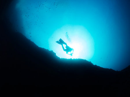 low angle view of underwater photographer divingの写真素材