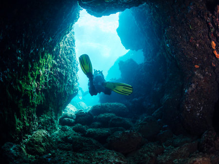 diver diving between the rocks of underwater caveの写真素材