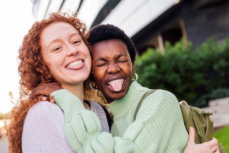 two young women hugging and sticking out tongueの写真素材