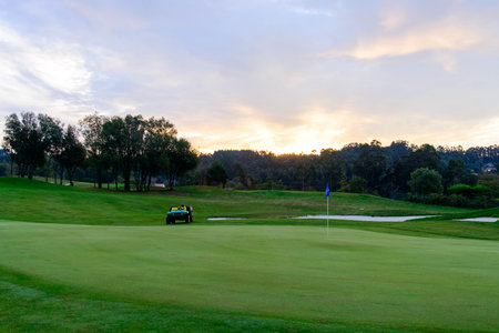 preparing the green at dawnの写真素材