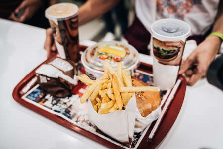 Food tray with a hamburger menuの写真素材