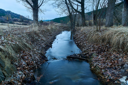 Small mountain river among the vegetation, long exposure, autumn