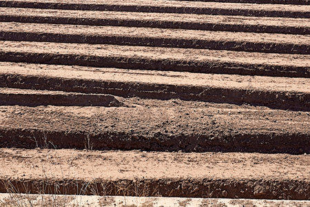 Mediterranean orchard prepared for sowing, brown soil, horizontal lines, dry, ridges.