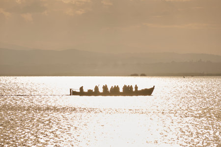 Silhouette of a boat full of people in the Albufera of Valencia. Sunset, sun, calm waters, tradition of reeds.の写真素材
