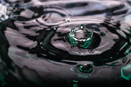 263.Droplet impacts water forming crown splash and concentric ripples. Purple-green reflections highlight fluid motion, surface tension, and dynamic visual compositionの写真素材