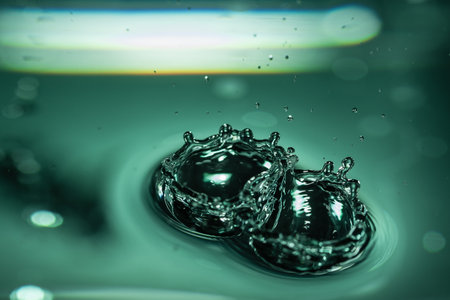 357.Two droplets impact green-tinted water forming crown splashes and concentric ripples. Lighting and reflections highlight fluid motion, surface tension, and abstract composition.の写真素材
