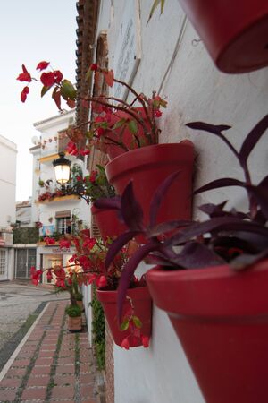 red vases of flowers on a white wallの写真素材