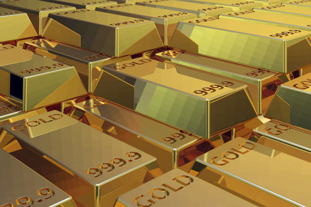 3D ilustration of a pile of Gold bars raw lined.