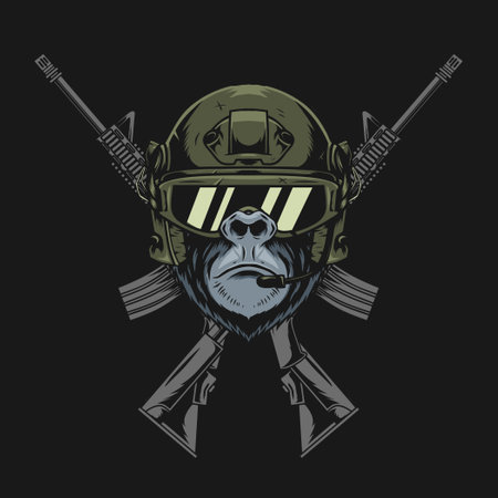 gorilla helmet and assault rifle illustrationのイラスト素材