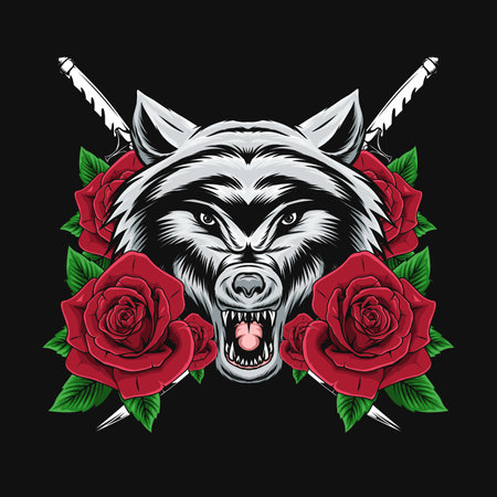 wolf head and rose vector drawingのイラスト素材