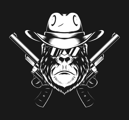 gorilla wearing cowboy hat and revolver gunのイラスト素材