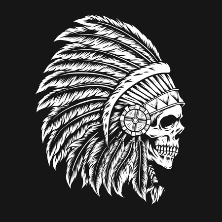 Indian Skull Artwork, black and whiteのイラスト素材