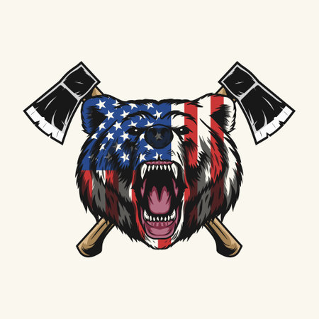 bear head mascot with USA flag and cross axeのイラスト素材