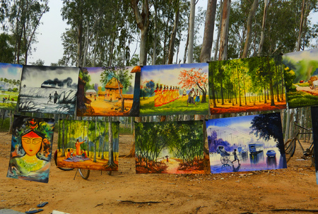 Artist's Selling Paintings in Countryside, Indiaの写真素材
