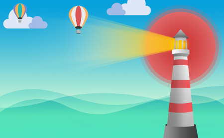 Lighthouse in the sky with clouds and hot air balloons. Vector illustration.の写真素材