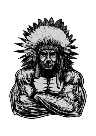 An Indian guy with muscular body wearing Indian Headdress,のイラスト素材