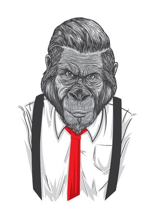 An ape wearing white shirt,red tie and suspender.のイラスト素材