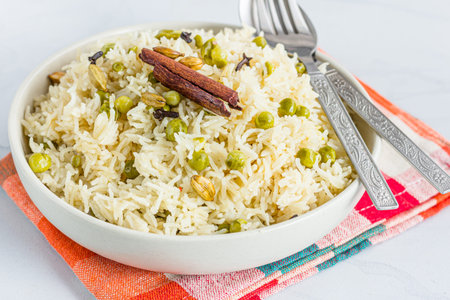 Green Peas Pulao Top Down Photo, Indian Food Photography